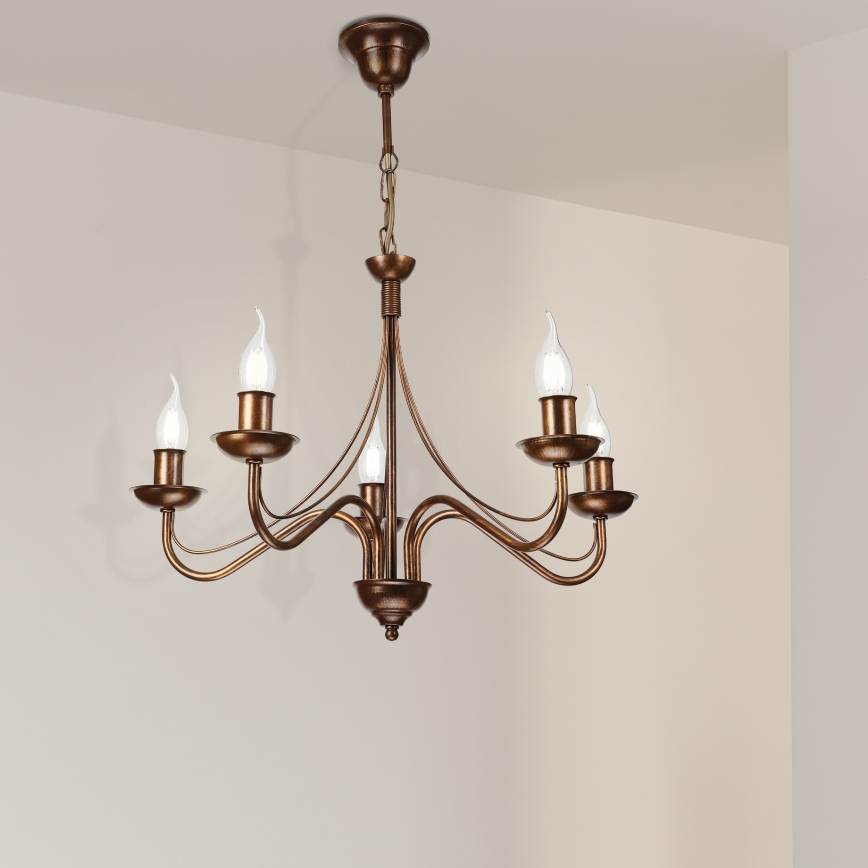 Lustre com corrente ANTON 5xE14/15W/230V, acabamento em bronze