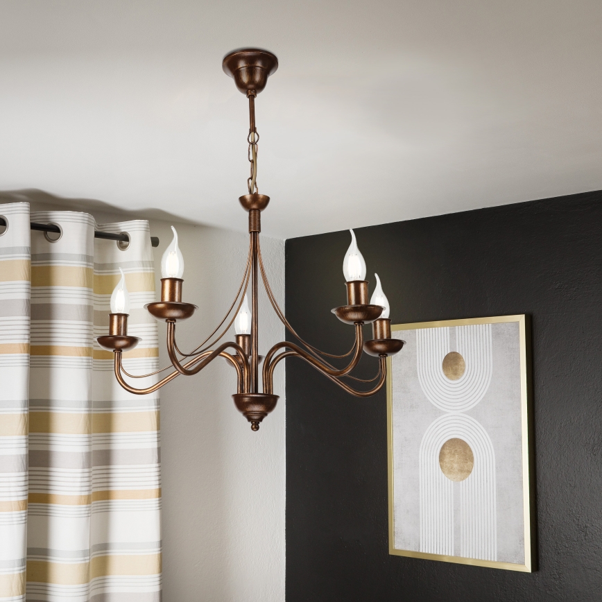 Lustre com corrente ANTON 5xE14/15W/230V, acabamento em bronze