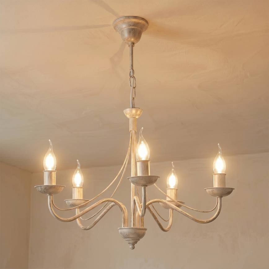 Lustre com corrente ANTON 5xE14/60W/230V pátina branca