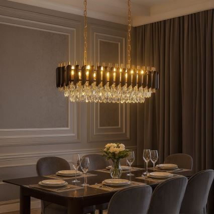Lustre com corrente CRISTAL 10xE14/10W/230V preto/dourado