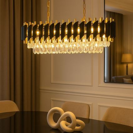 Lustre com corrente CRISTAL 10xE14/10W/230V preto/dourado