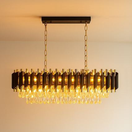 Lustre com corrente CRISTAL 10xE14/10W/230V preto/dourado
