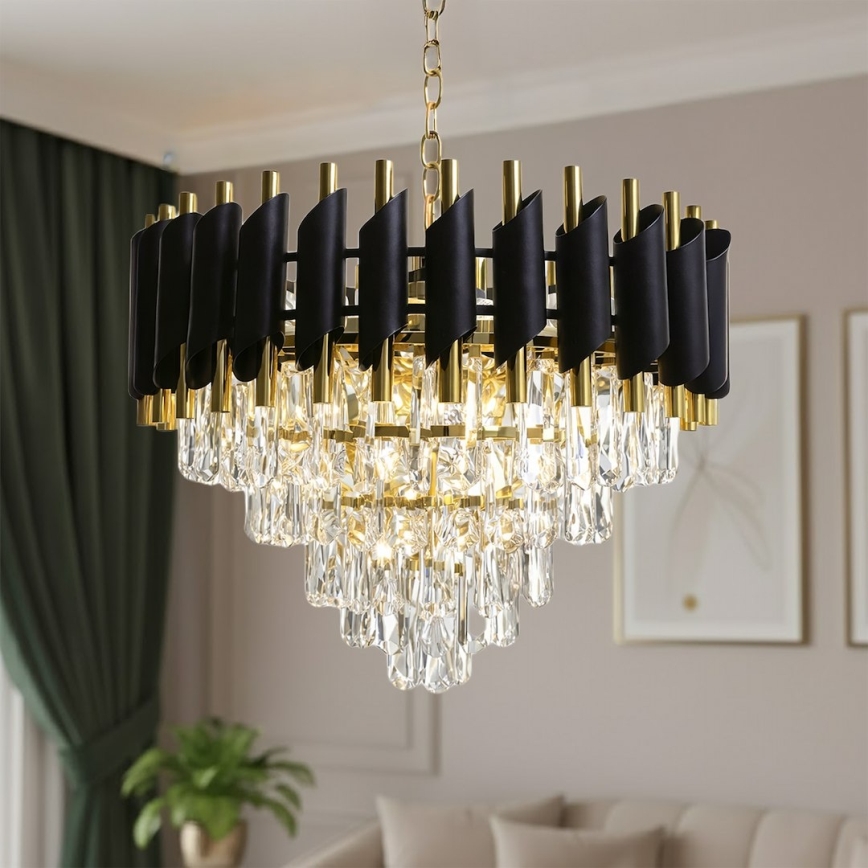 Lustre com corrente CRISTAL 7xE14/10W/230V Ø 48 cm preto/dourado