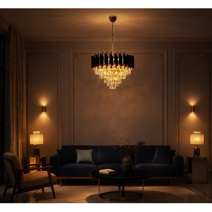 Lustre com corrente CRISTAL 7xE14/10W/230V Ø 48 cm preto/dourado