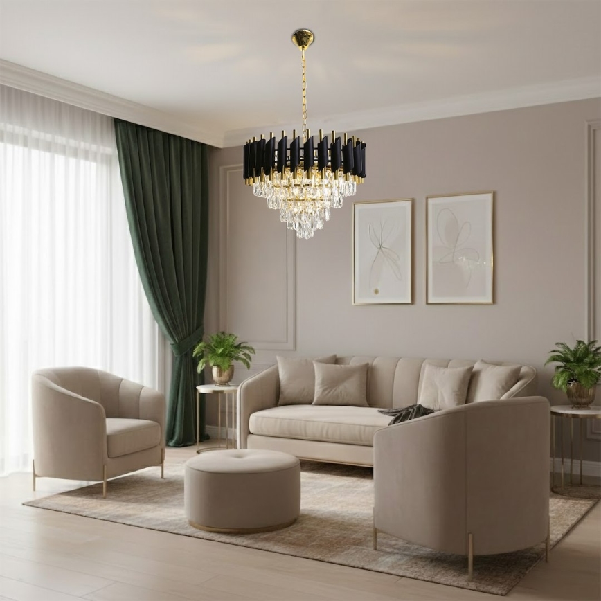 Lustre com corrente CRISTAL 7xE14/10W/230V Ø 48 cm preto/dourado