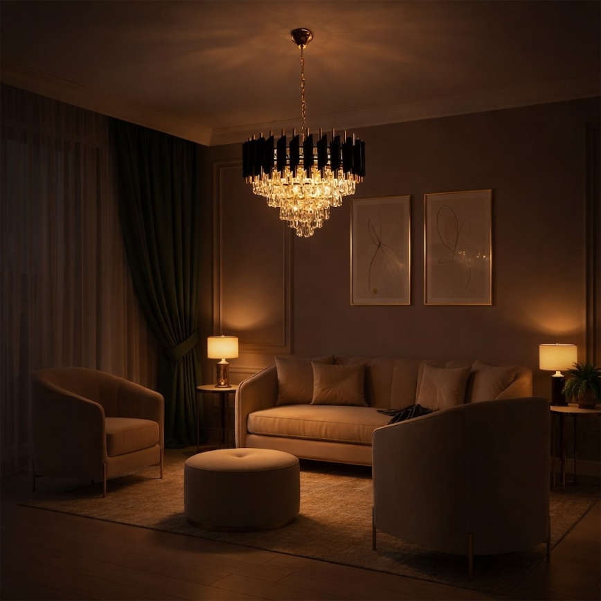 Lustre com corrente CRISTAL 7xE14/10W/230V Ø 48 cm preto/dourado