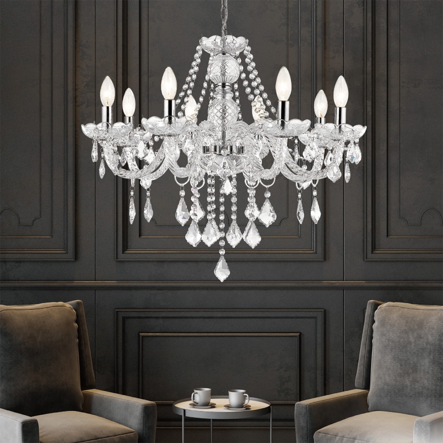 Lustre com corrente CRISTALLO 8xE14/60W/230V cromado brilhante