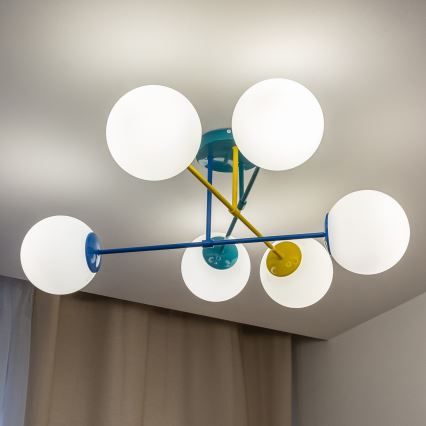 Lustre de montagem direta ao tecto MOON 6xE27/15W/230V turquesa/amarelo/azul