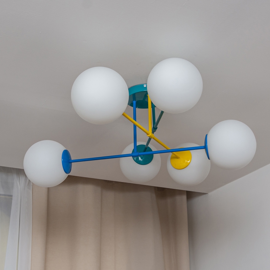 Lustre de montagem direta ao tecto MOON 6xE27/15W/230V turquesa/amarelo/azul