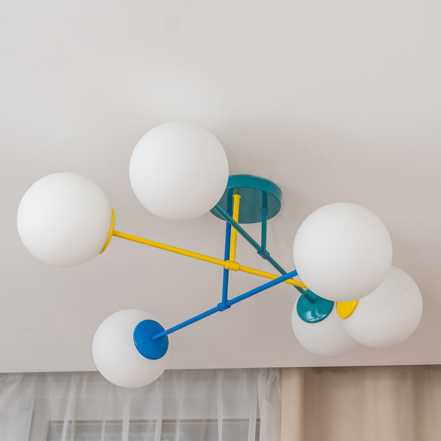 Lustre de montagem direta ao tecto MOON 6xE27/15W/230V turquesa/amarelo/azul