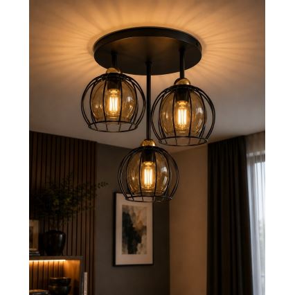 Plafon SOLO BLACK 3xE27/60W/230V diâmetro 30 cm preto/dourado