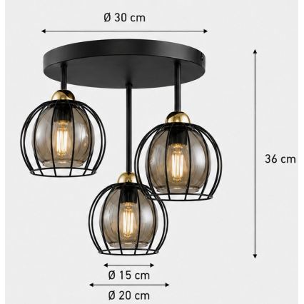 Plafon SOLO BLACK 3xE27/60W/230V diâmetro 30 cm preto/dourado