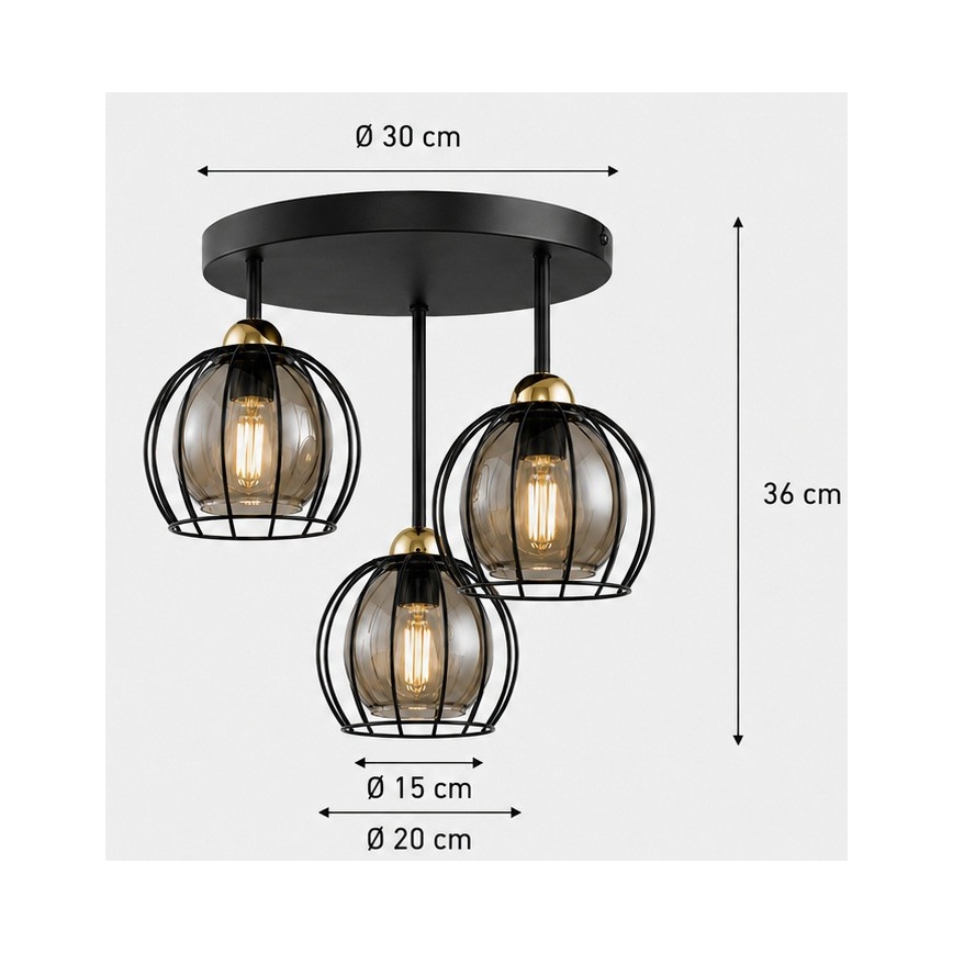 Plafon SOLO BLACK 3xE27/60W/230V diâmetro 30 cm preto/dourado