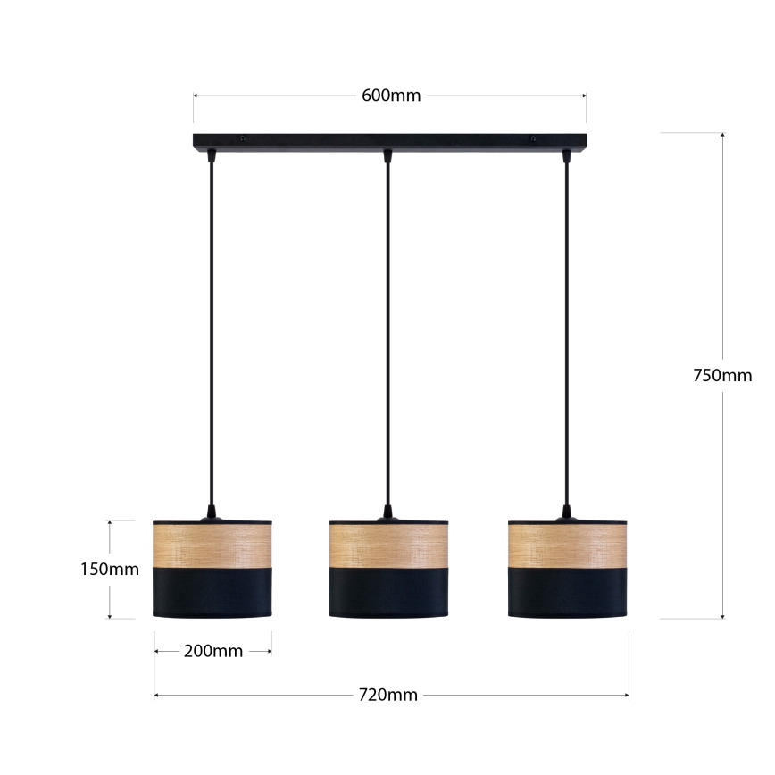 Lustre em cabo ALBA 3xE27/15W/230V preto/castanho