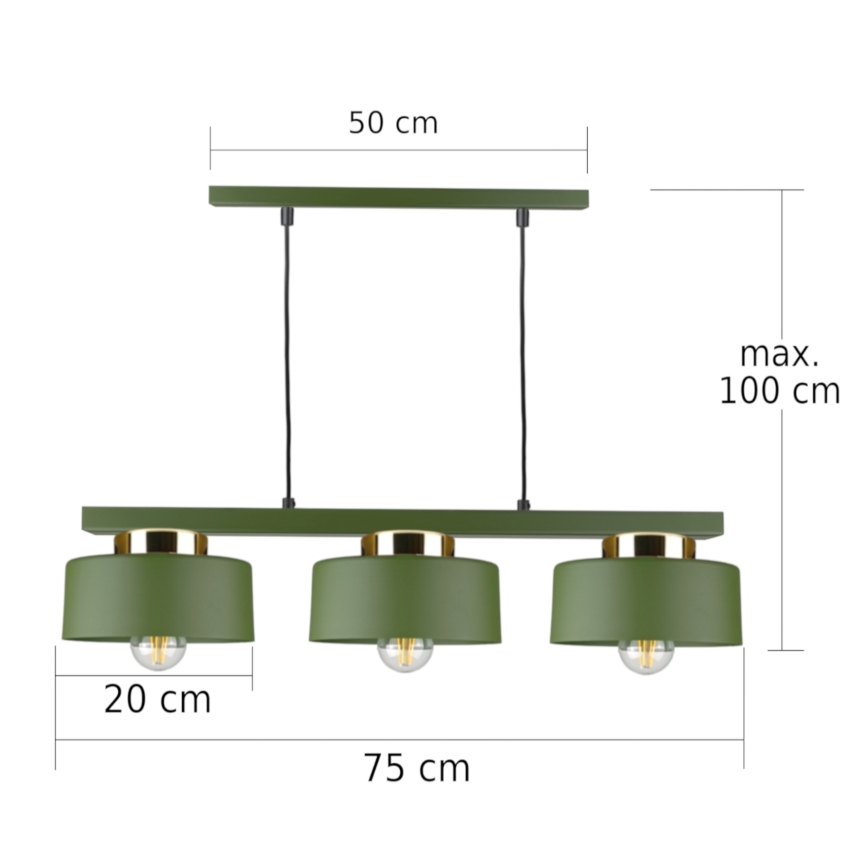 Lustre em cabo IGNIA 3xE27/60W/230V verde/dourado
