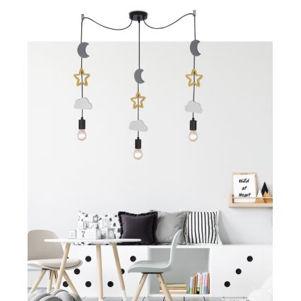 Lustre infantil suspenso por cabo TRIO 3xE27/20W/230V cinzento/amarelo/branco