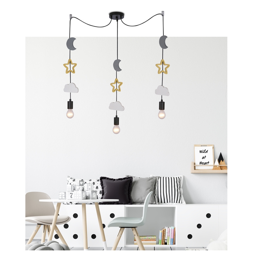 Lustre infantil suspenso por cabo TRIO 3xE27/20W/230V cinzento/amarelo/branco