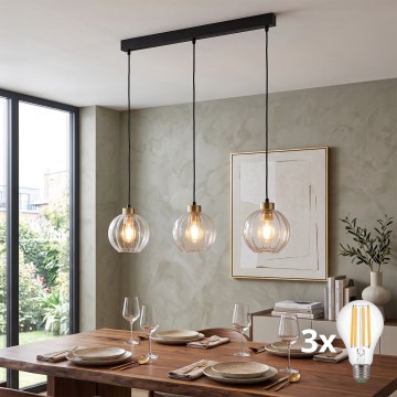 Lustre LED suspenso por cabo DEVI 3xE27/15W/230V preto/vidro transparente