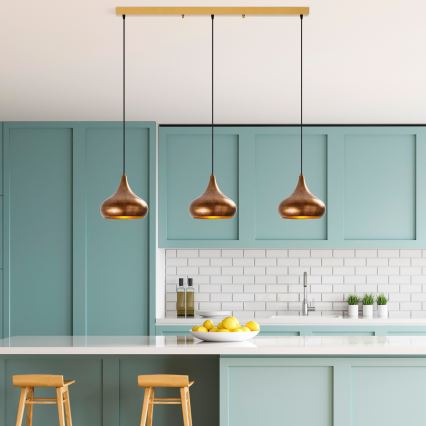 Lustre MUBA suspenso com cabo 3x E27/40W/230V, acabamento em cobre