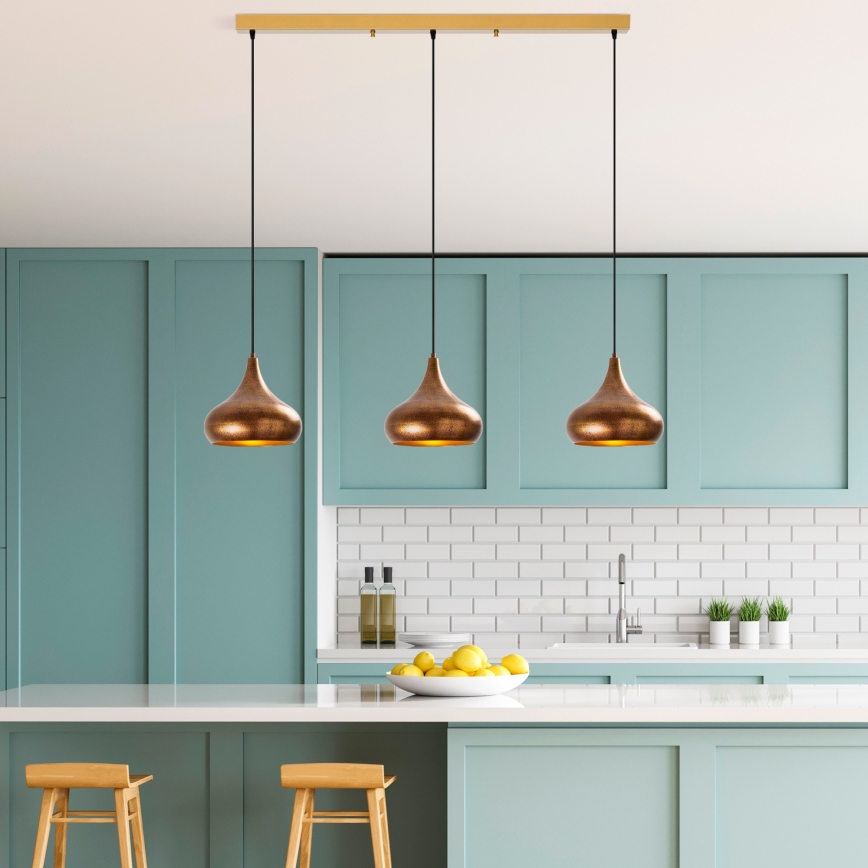 Lustre MUBA suspenso com cabo 3x E27/40W/230V, acabamento em cobre