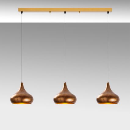 Lustre MUBA suspenso com cabo 3x E27/40W/230V, acabamento em cobre