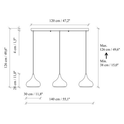 Lustre MUBA suspenso com cabo 3x E27/40W/230V, acabamento em cobre