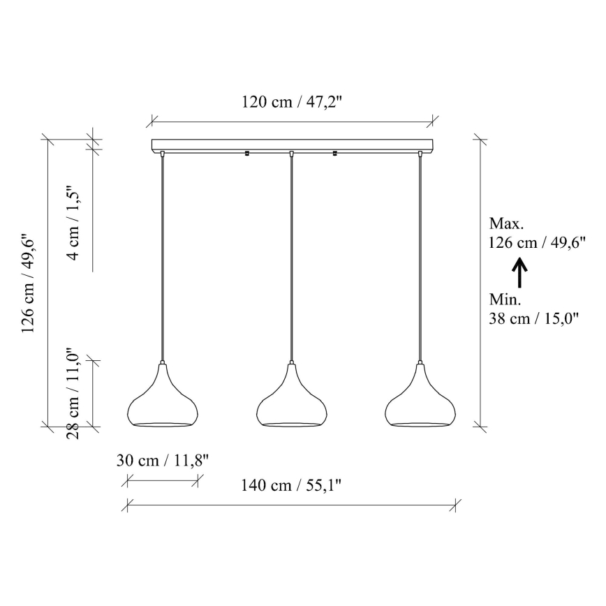 Lustre MUBA suspenso com cabo 3x E27/40W/230V, acabamento em cobre