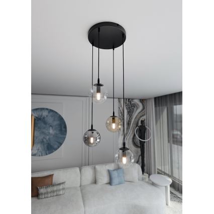 Lustre suspenso por cabo COSMO 4xE14/10W/230V diâmetro 40 cm preto/transparente/fumê/bege