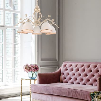 Lustre RETRO II em corrente — 5x E27/60W/230V, acabamento pátina branca