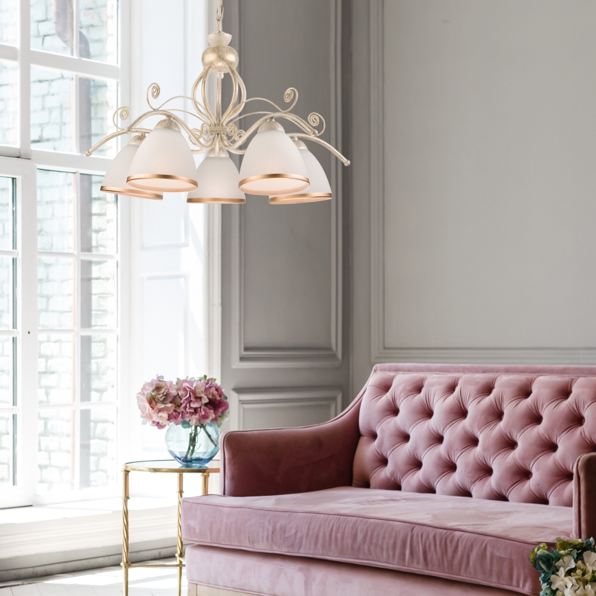 Lustre RETRO II em corrente — 5x E27/60W/230V, acabamento pátina branca