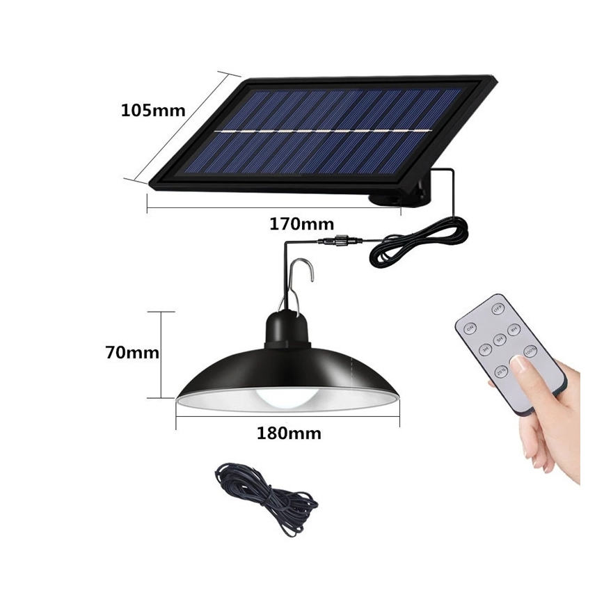 Lustre solar LED regulável suspenso por cabo com sensor LED/1,8W/3,7V IP44 6500K 1600 mAh + controlo remoto