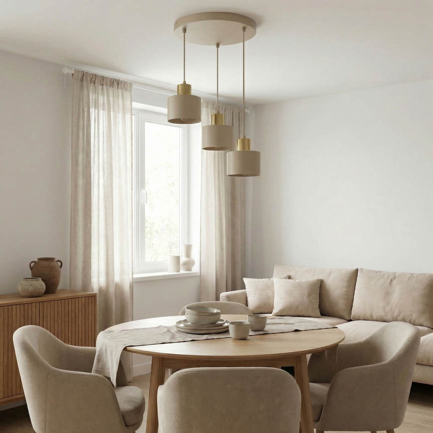 Lustre suspenso com cabo PARKLA 3xE27/15W/230V bege/dourado