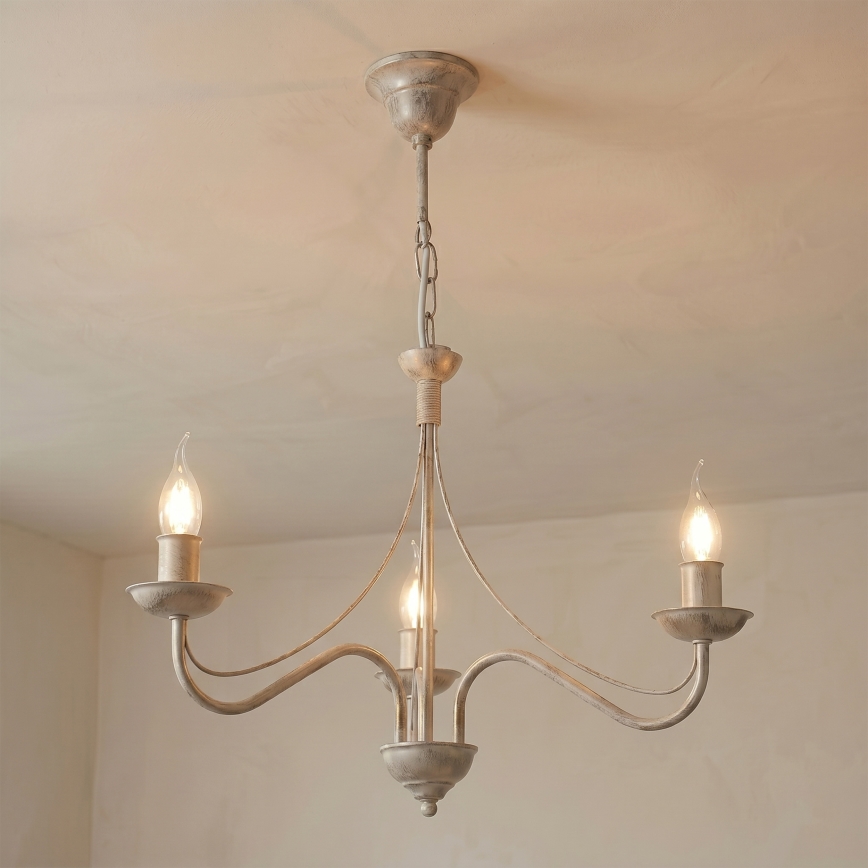 Lustre suspenso com corrente ANTON 3xE14/60W/230V branco patinado