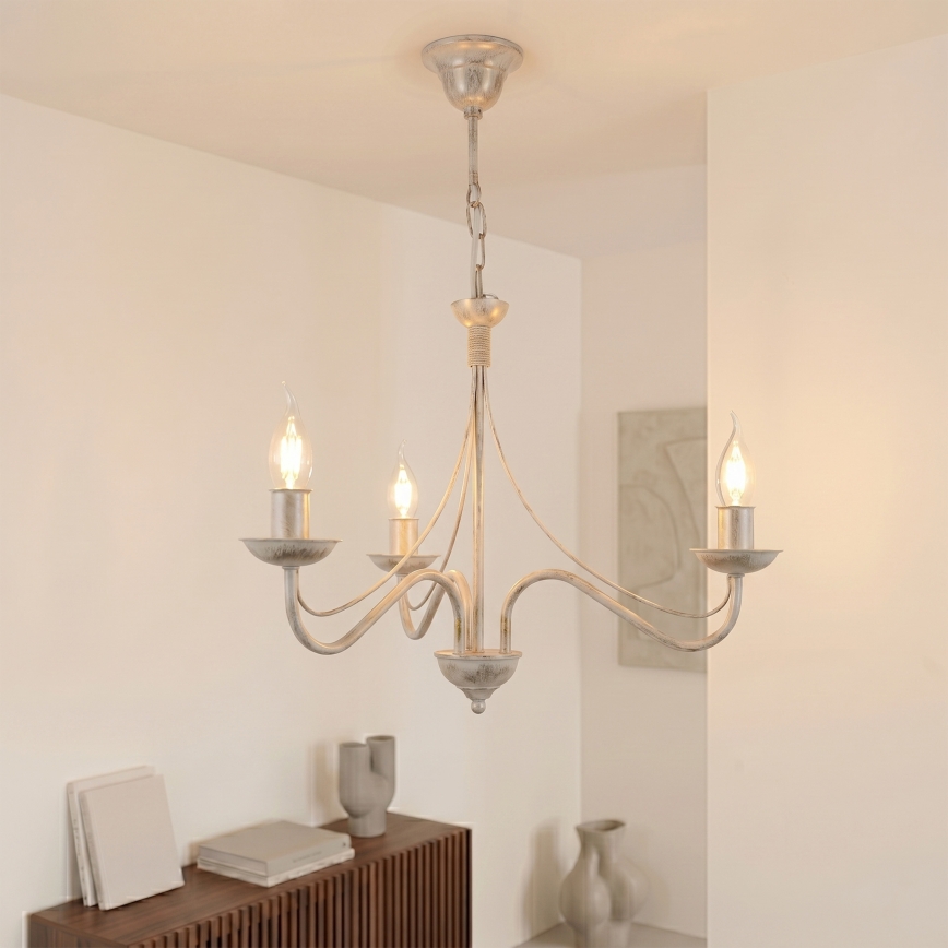 Lustre suspenso com corrente ANTON 3xE14/60W/230V branco patinado