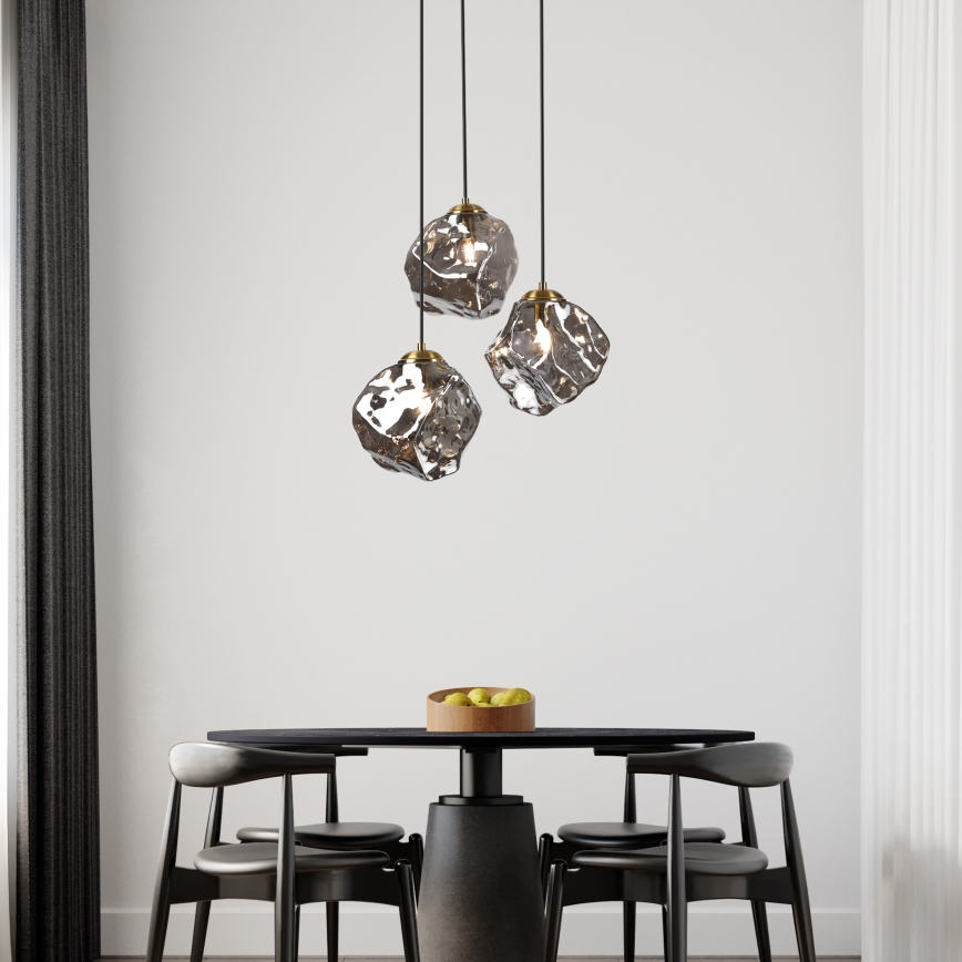 Lustre suspenso em cabo CRISTAL 3xE14/15W/230V latão/preto fumê