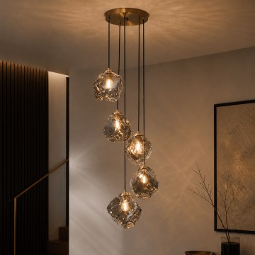 Lustre suspenso em cabo CRISTAL 5xE14/15W/230V latão/preto fumê