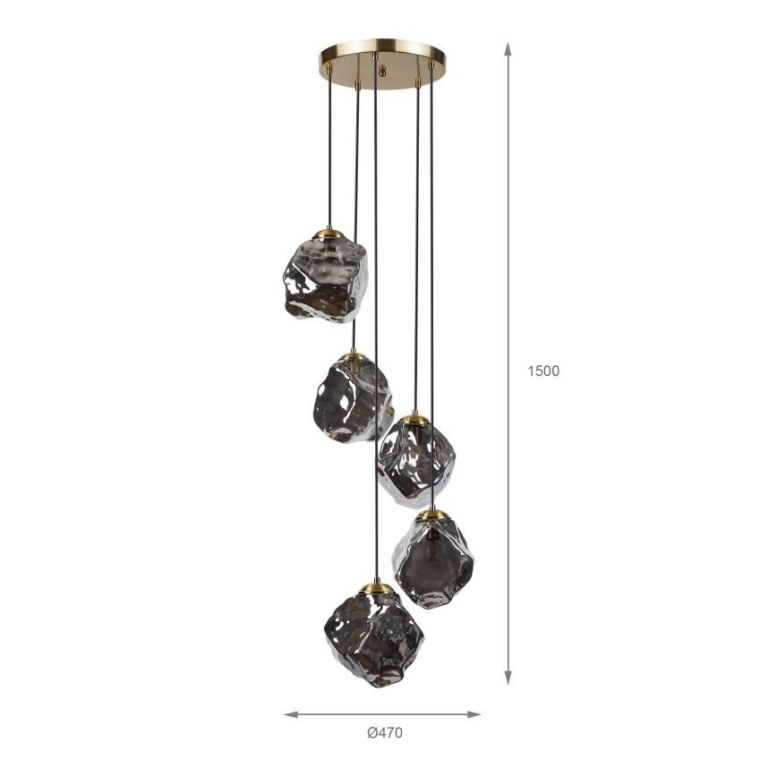 Lustre suspenso em cabo CRISTAL 5xE14/15W/230V latão/preto fumê