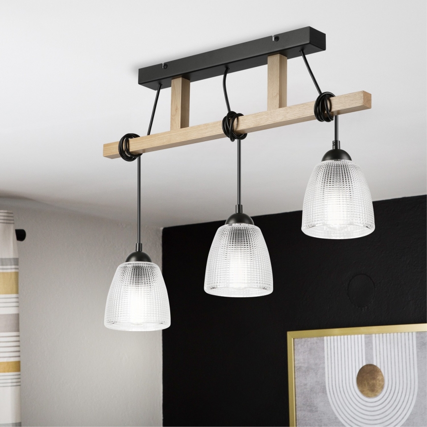 Lustre suspenso em cabo LEANDRA 3xE27/15W/230V carvalho/preto