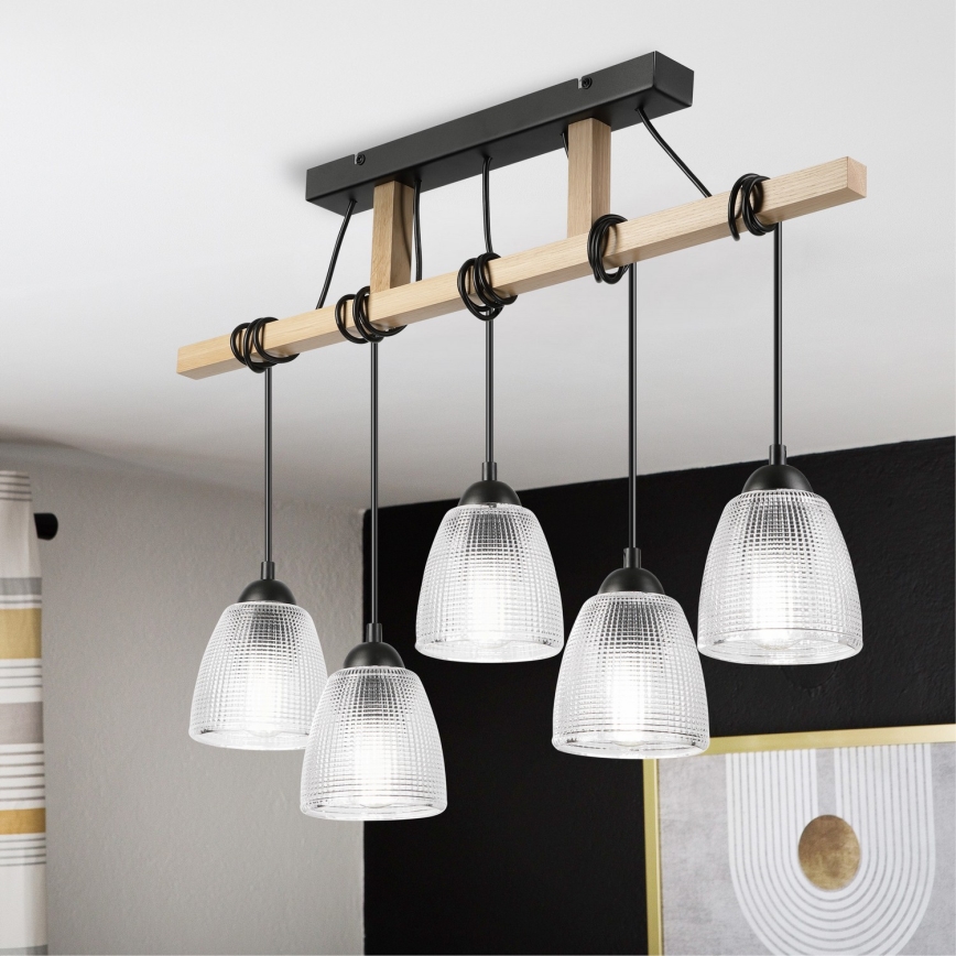 Lustre suspenso LEANDRA com cabo, 5xE27/15W/230V, carvalho/preto