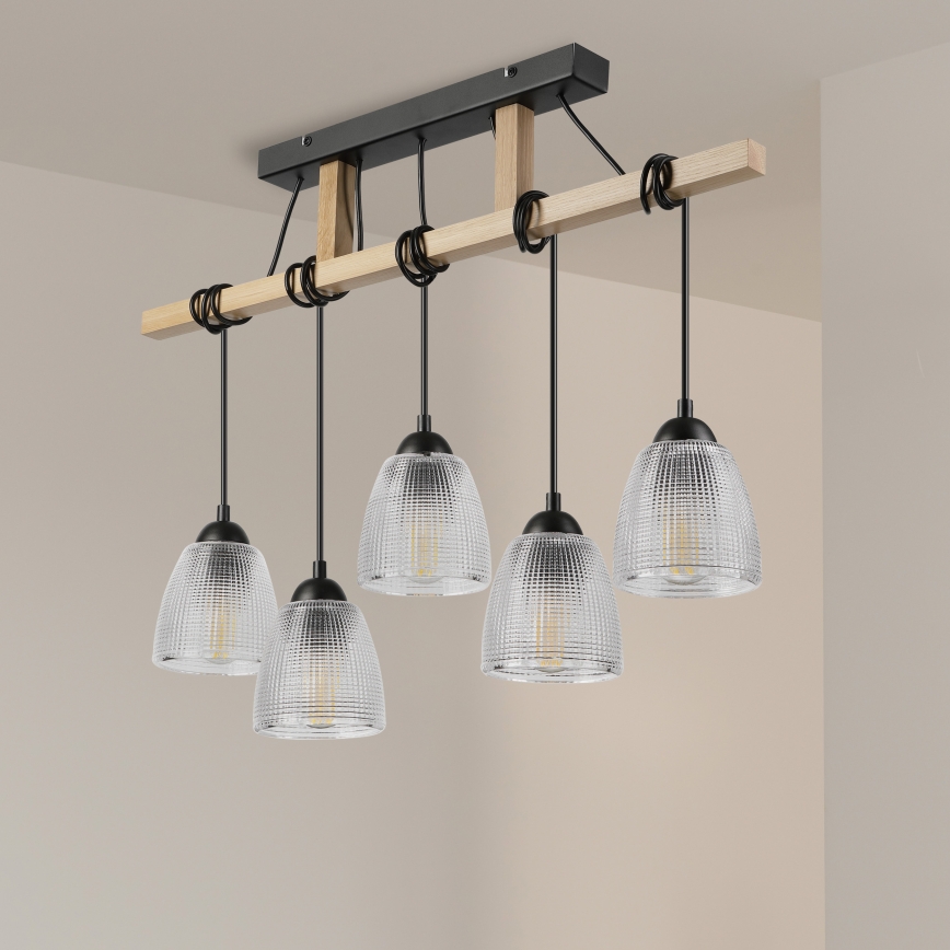 Lustre suspenso LEANDRA com cabo, 5xE27/15W/230V, carvalho/preto