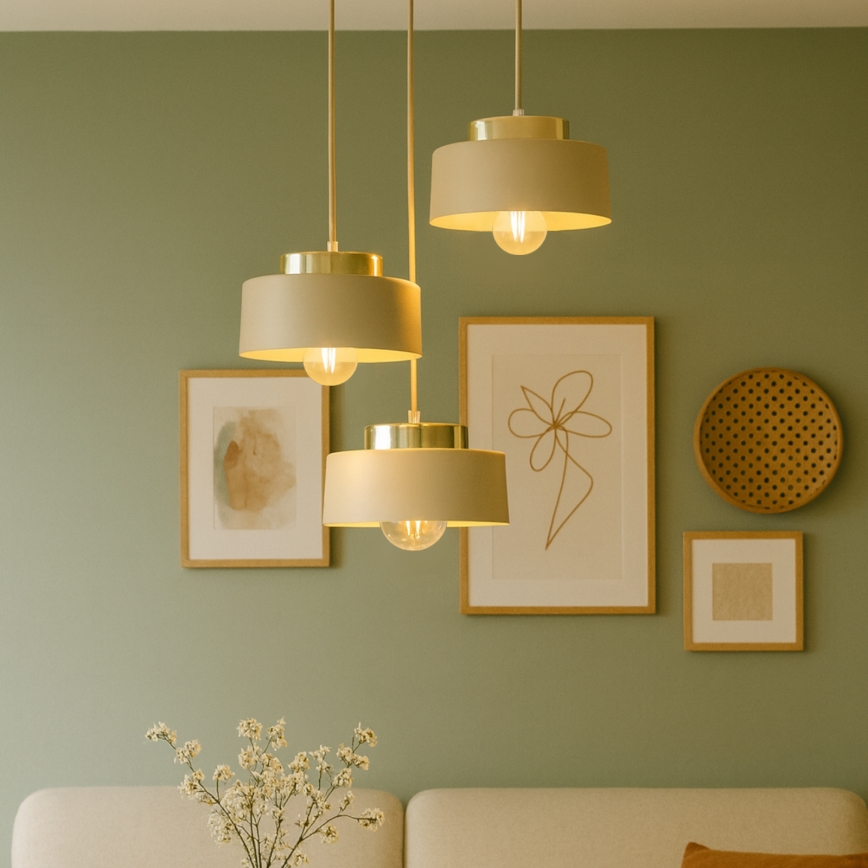 Lustre suspenso por cabo IGNIA 3xE27/60W/230V bege/dourado
