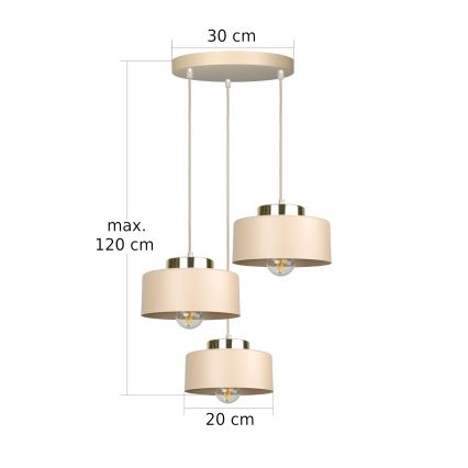 Lustre suspenso por cabo IGNIA 3xE27/60W/230V bege/dourado