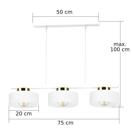 Lustre suspenso por cabo IGNIA 3xE27/60W/230V branco/dourado