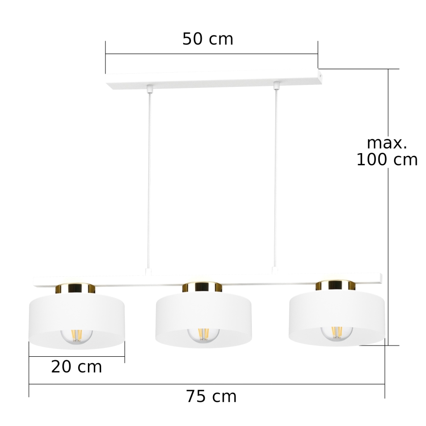 Lustre suspenso por cabo IGNIA 3xE27/60W/230V branco/dourado