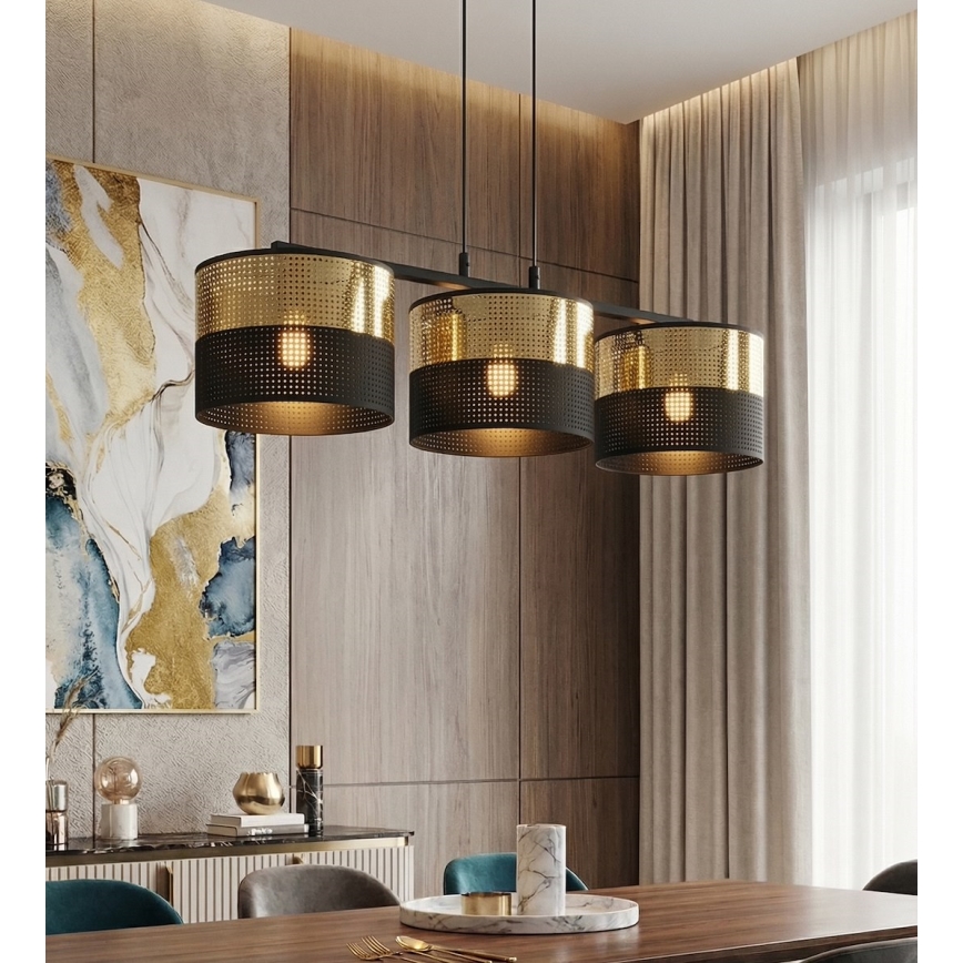 Lustre suspenso por cabo LUX 3xE27/15W/230V preto/dourado