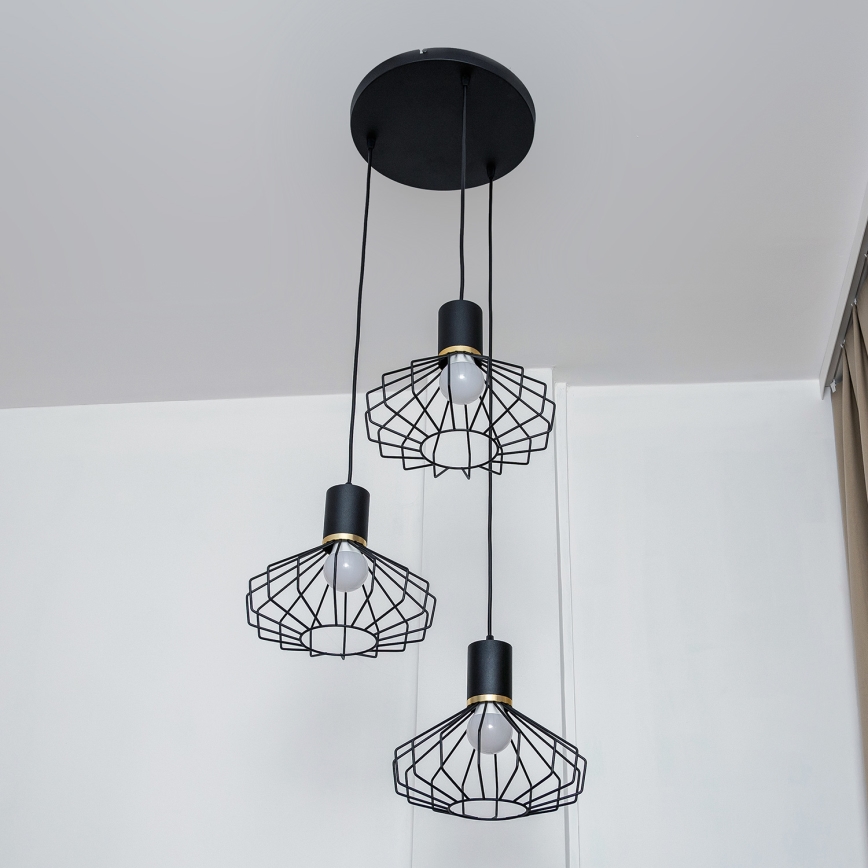 Lustre suspenso por cabo SOLANO 3xE27/15W/230V preto/dourado