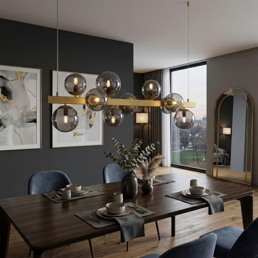 Lustre suspenso por cabo SOLARI 10xE14/15W/230V dourado/preto fumê
