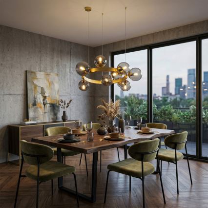 Lustre suspenso por cabo SOLARI 9xE14/15W/230V dourado/preto fumê