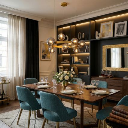 Lustre suspenso por cabo SOLARI 9xE14/15W/230V dourado/preto fumê