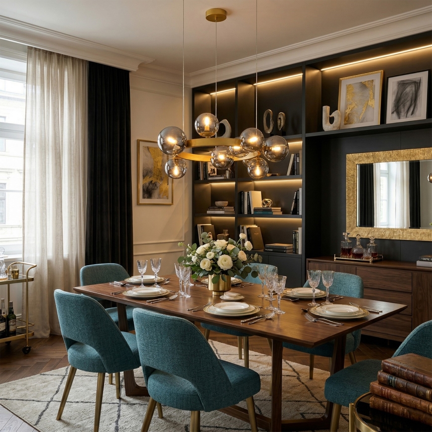 Lustre suspenso por cabo SOLARI 9xE14/15W/230V dourado/preto fumê